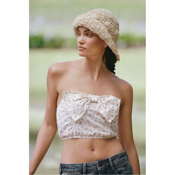 NEW Anthropologie Pink Floral Bow Cropped Bustier Strapless Tube Top Medium - Picture 1 of 5